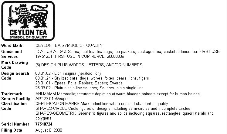 Ceylon (Sri Lanka) Tea Trademark